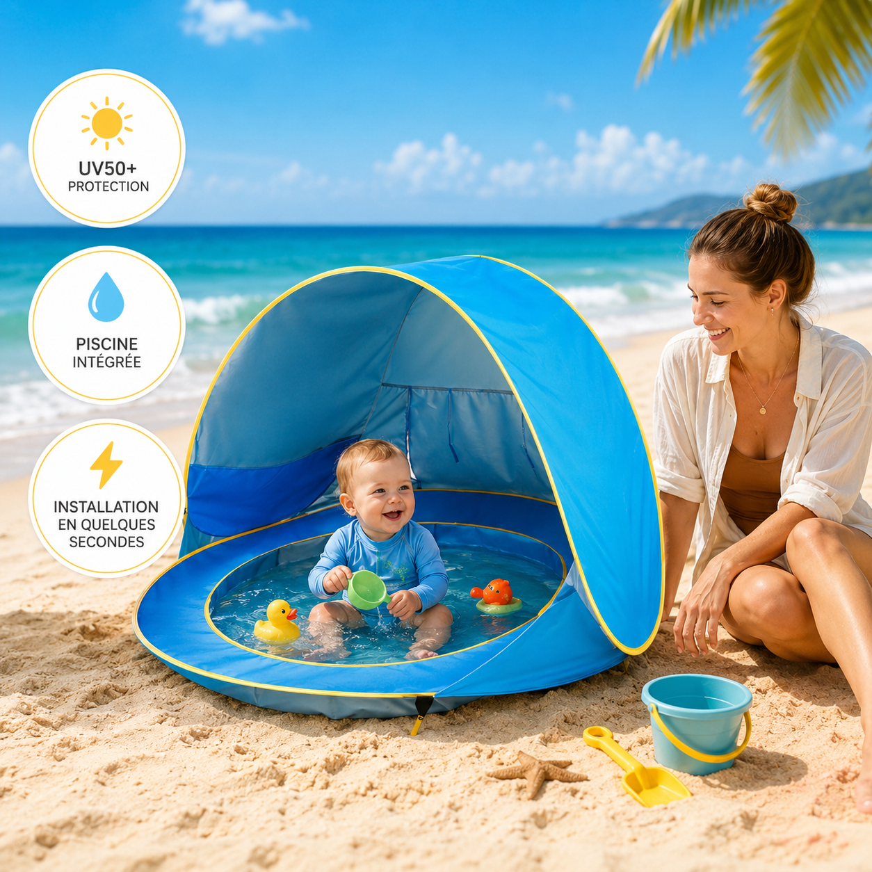 Tente de Plage Bébé Anti-UV - Bleu